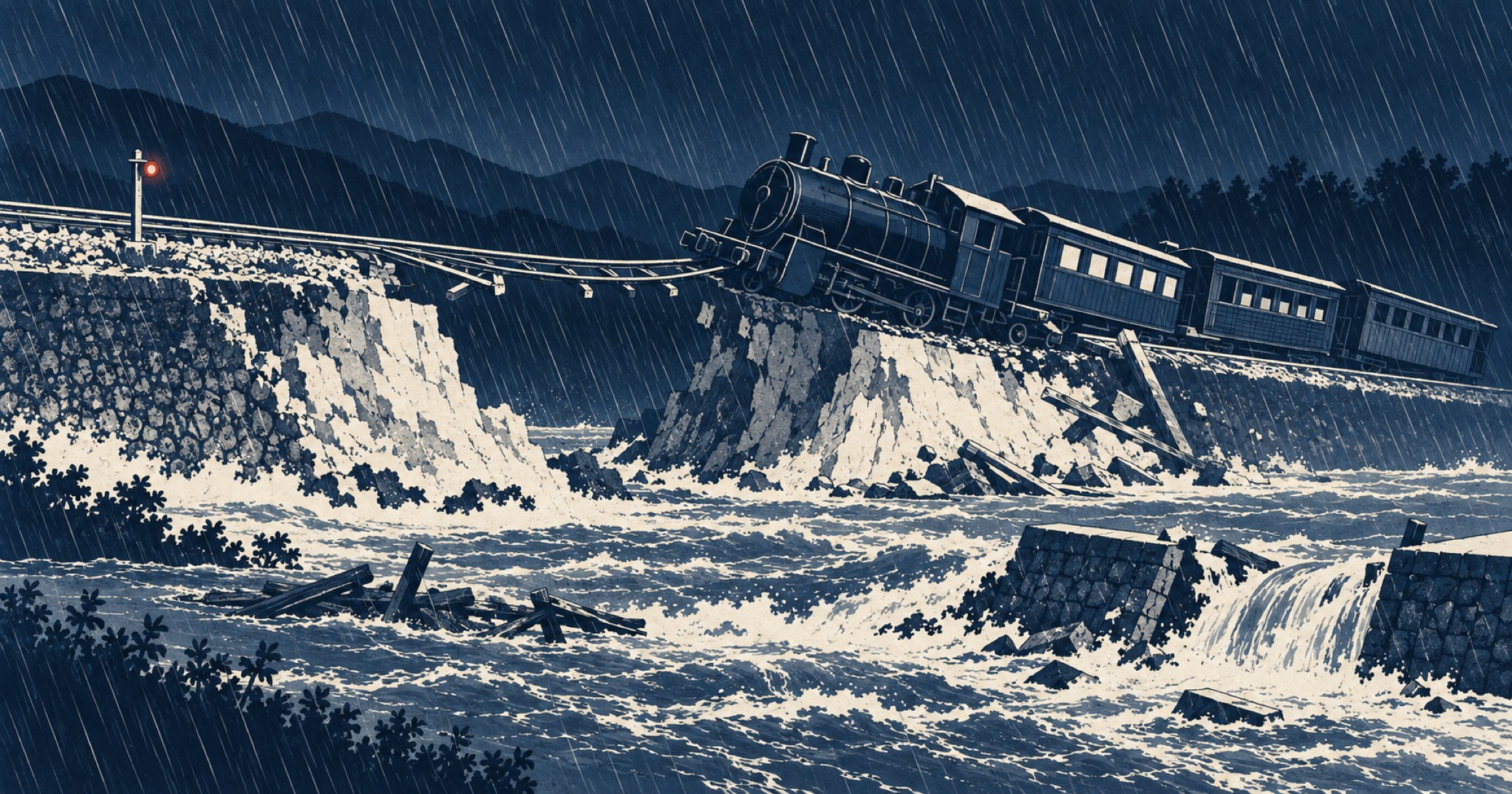 山陽本線特急列車脱線事故を象徴する概念イラスト