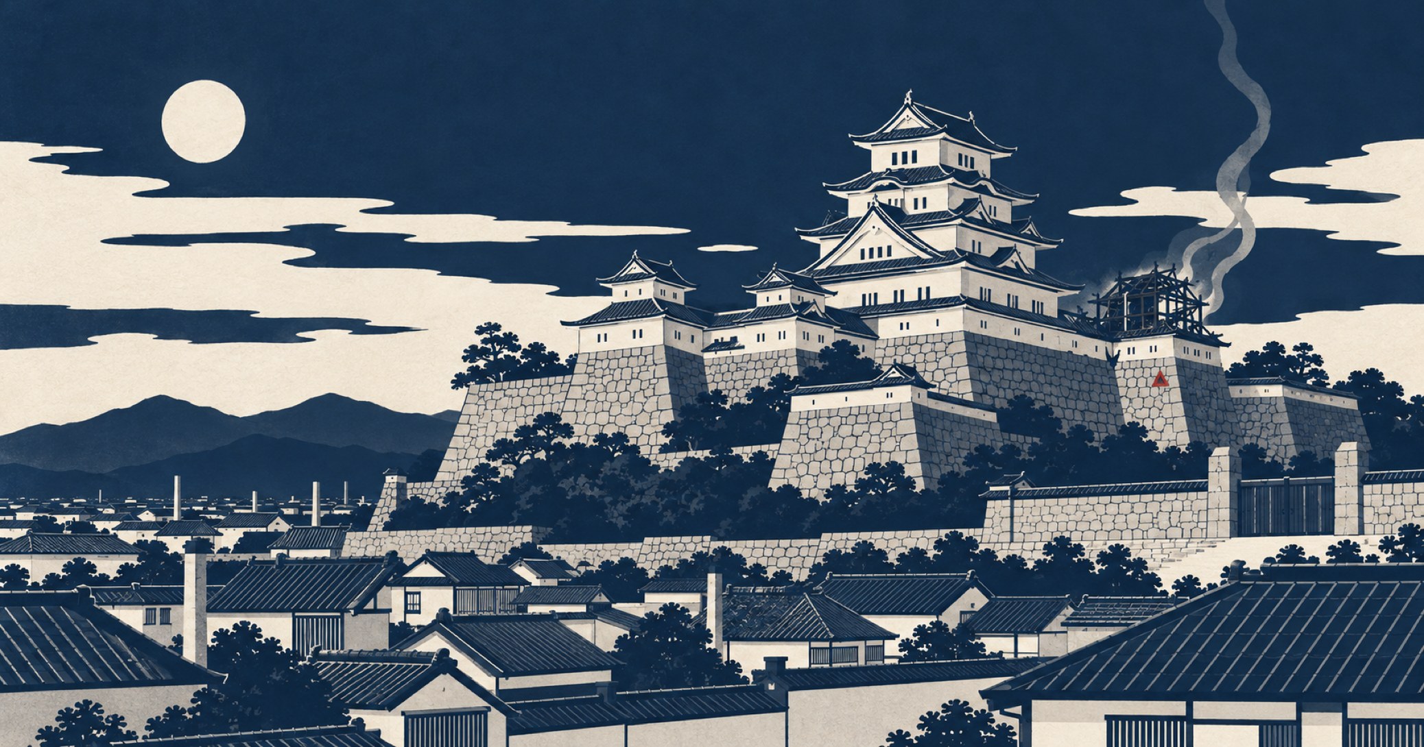 松山城放火事件を象徴する概念イラスト