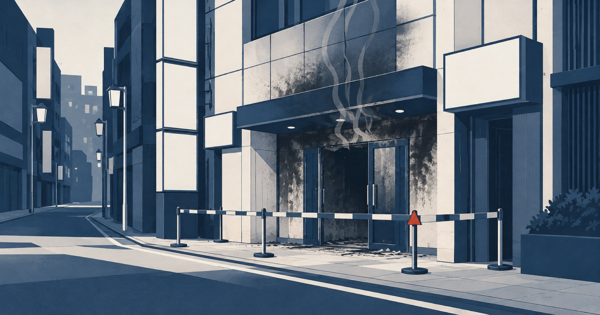 大阪個室ビデオ店放火事件を象徴する概念イラスト